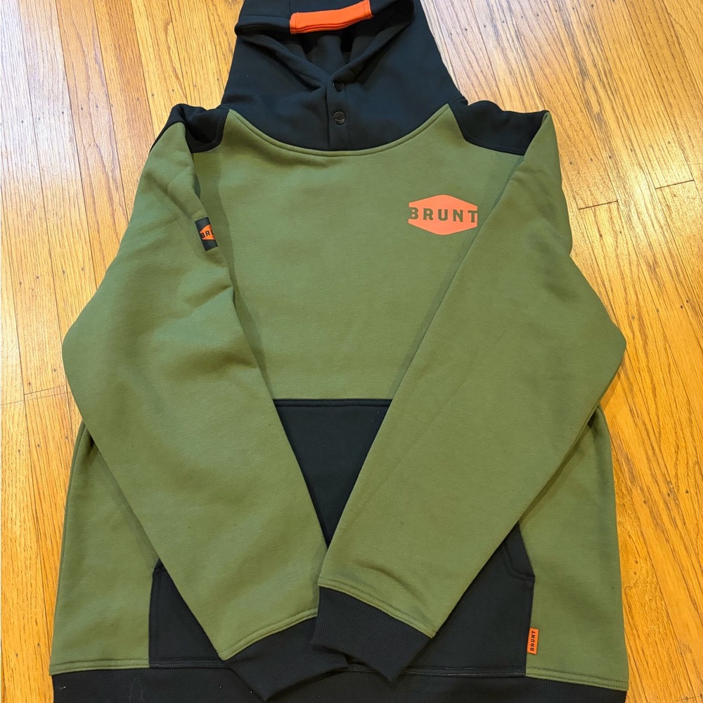 Brunt Olive Green and Black Pullover Hoodie with Orange Logo Size XL